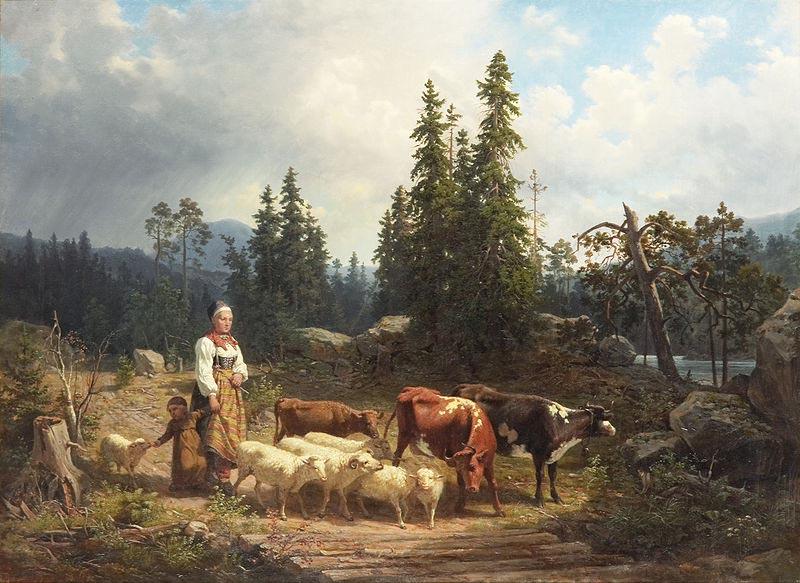 Nils Andersson Vallflicka med hjord i landskap oil painting picture